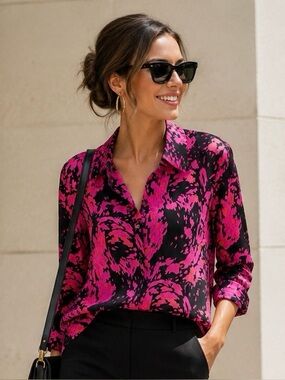 100% Silk blouse in fuschia pink, melon & black modern abstract print - Studio G
